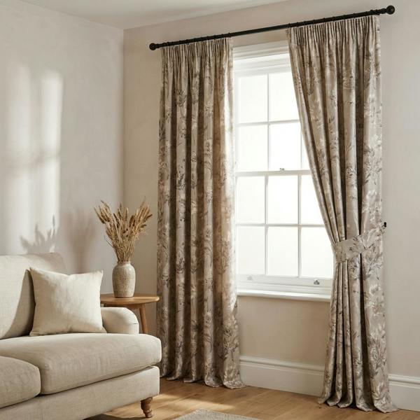 Malaga made-to-measure curtains in Mink, styled in a living room