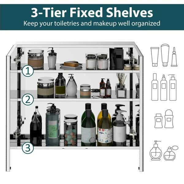 Open bathroom mirror cabinet showing three fixed shelves for toiletries organization