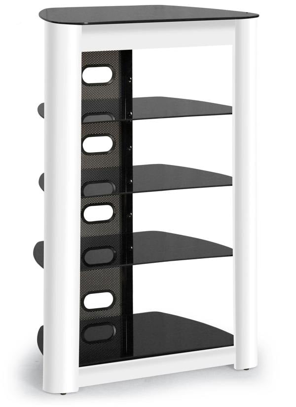Homeology ZINNIA 5-Tier Entertainment Media Stand Black Glass Shelves & White Facia Audio Rack Stylish Home Theater Storage