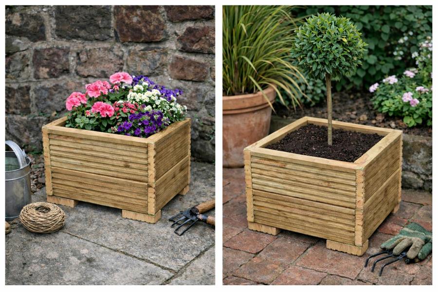 Square decking garden planter 45x45cm filled with seasonal flowers on patio