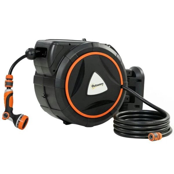 Bobobiy 28+2m Retractable Hose Reel Wall Mounted with Auto Retraction, Self-Locking, Slow Return System, 12-Pattern Nozzles