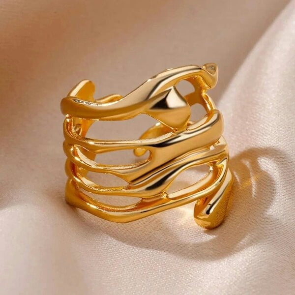The Colourful Aura Abstract Fluid Wrap Wide Adjustable Band Gold or Silver Ring