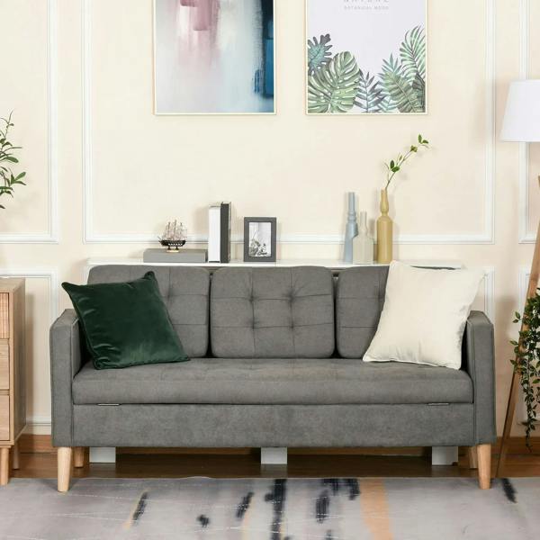 Grey 3-seater fabric sofa with tufted back and throw pillows