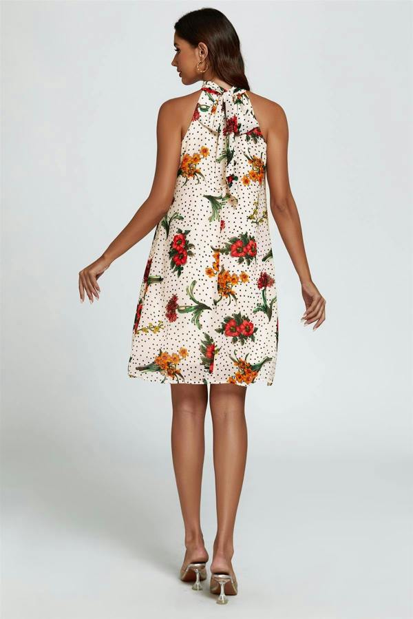 FS Collection Floral Print Halter Neck Tie Back Mini Dress In Off White