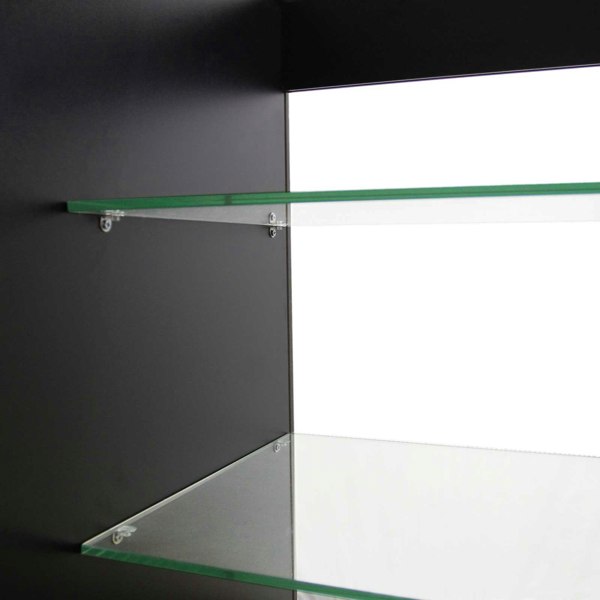 Black K1200 retail display cabinet featuring sleek glass shelves and a modern design, ideal for showcasing products in style