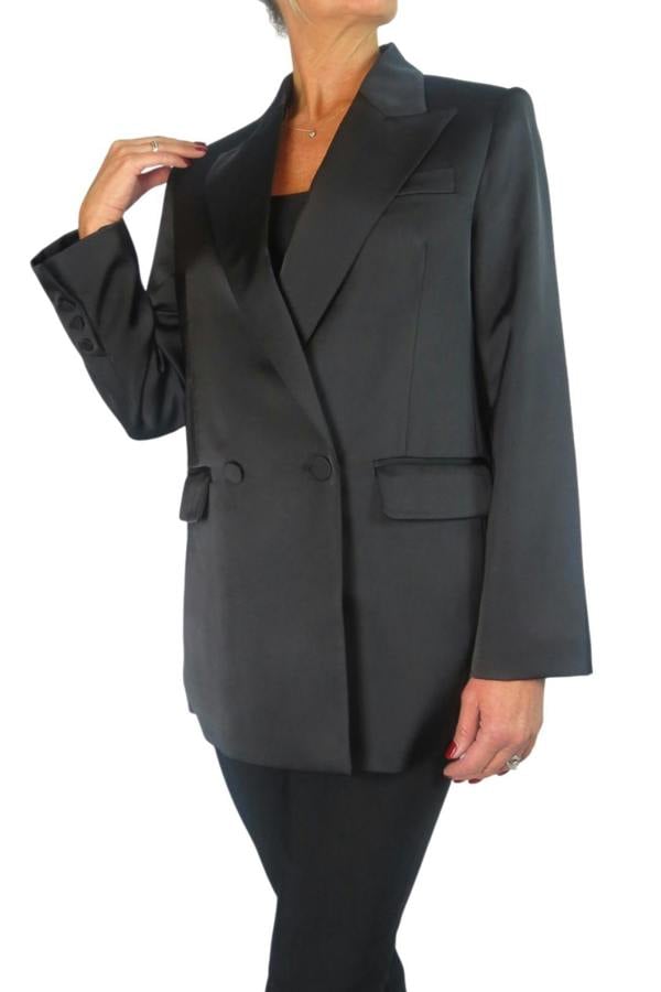 Paulo Due Women's Satin Oversized Double Breasted Blazer Black
