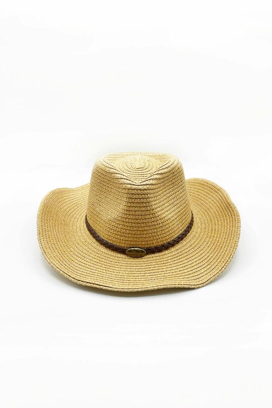 SVNX Wide Brim Straw Sun Hat with Adjustable Chin Strap in Beige