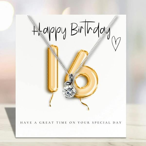 Aye Do Gifts 16th Birthday Cubic Zirconia Silver Necklace & Gold Balloons Gift Card
