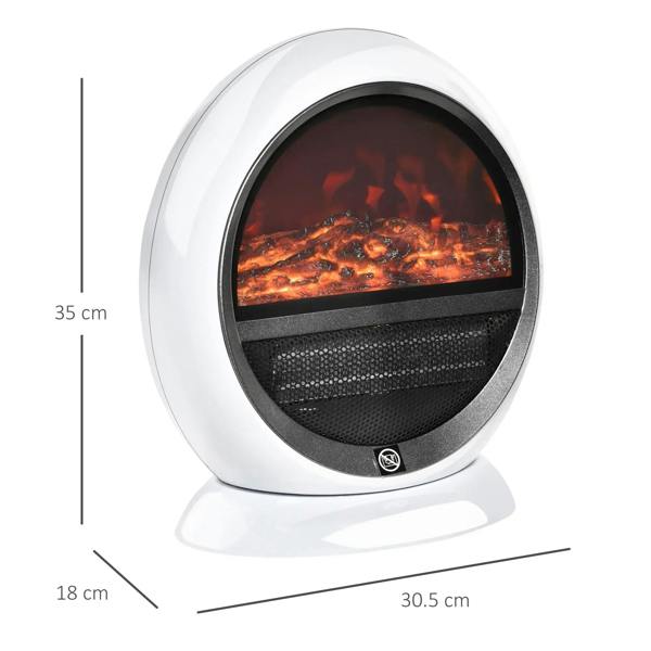 White tabletop electric fireplace heater with front flame window and circular base