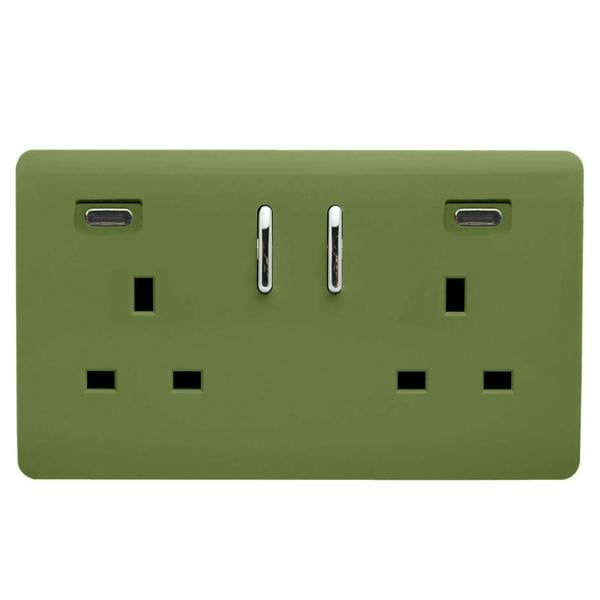 Trendi Switch 2 Gang USB 65W Type C USB Plug Socket in Moss Green