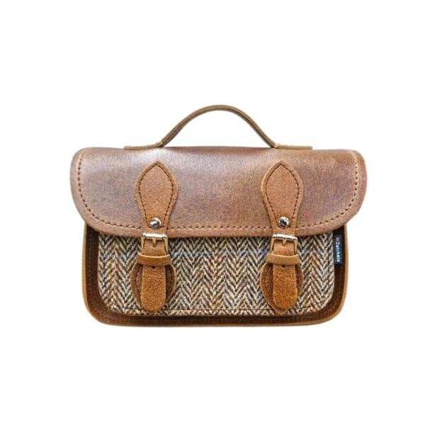 Zatchels Handmade Tannery Leather and Tweed Cross Body Micro Satchel Plus - Tan