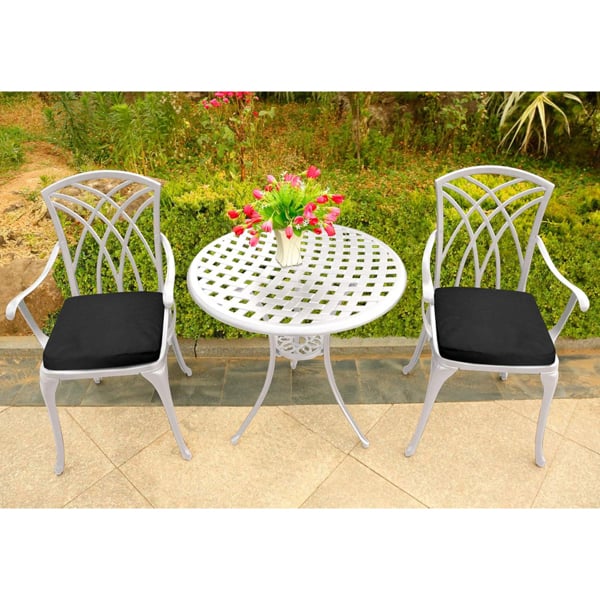 Centurion Supports OSHOWA Luxurious Garden and Patio Table and 2 Large Chairs with Armrests Cast Aluminium Bistro Set - White with Black Cushions