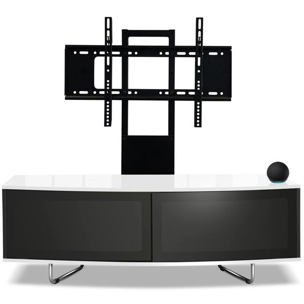 Homeology Caru Black White Beam-Thru Remote Friendly Super-Contemporary D Shape Design 32"-65" LED/OLED/LCD TV Cabinet with Mounting Arm