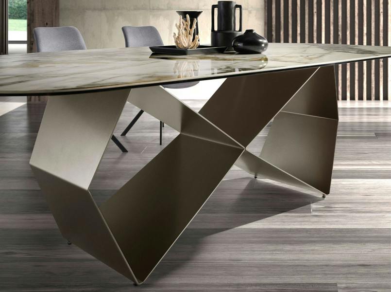 Angel Cerdá Rectangular dining table in porcelain marble and champagne-coloured steel 1140
