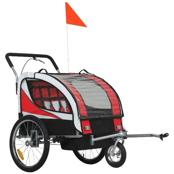 Red baby bike trailer with mesh sides, safety flag, and front hitch coupler