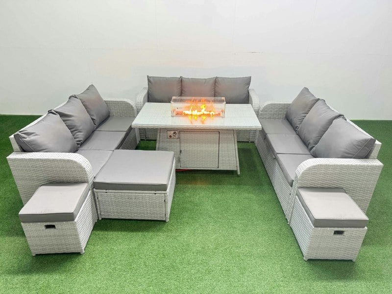 Fimous PE Rattan Lounge Sofa Set 12 Seater Outdoor Garden Furniture Set with Fire Pit Dining Table 3 Seater Sofa 3 Stools Light Grey