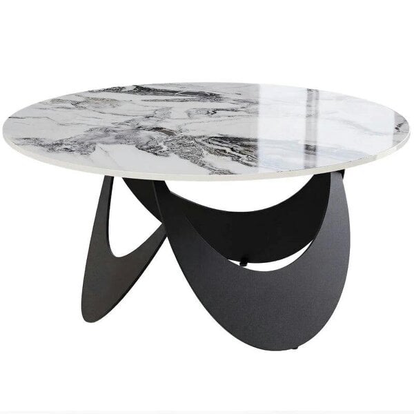 Coffee Table Sintered Stone Top Adjustable Foot Pads Modern Centre Table for Living Room White and Black
