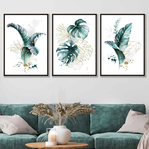 Artze Wall Art Teal Blue and Gold Botanical Set of 3 Floral Framed Prints