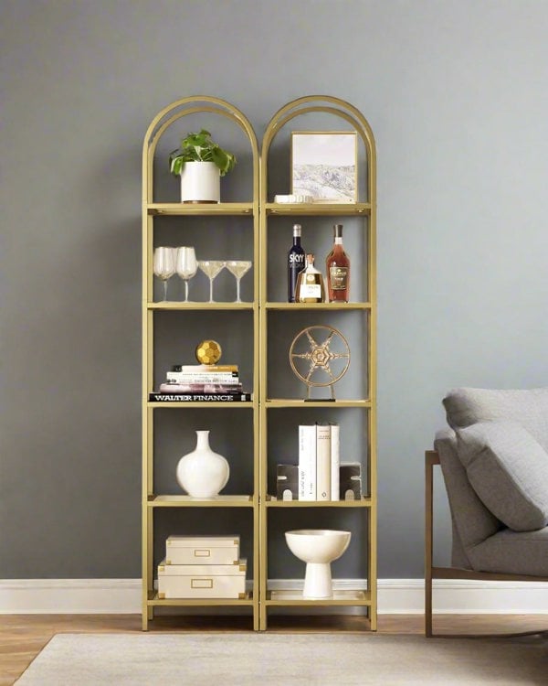 Modcraft 5-Tier Tempered Glass Shelf Unit, Arched Display Rack, Metallic Gold Frame 183.5 cm