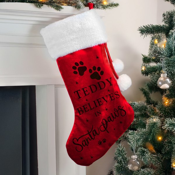 Personalised Memento Company Personalised Santa Paws Christmas Red Stocking