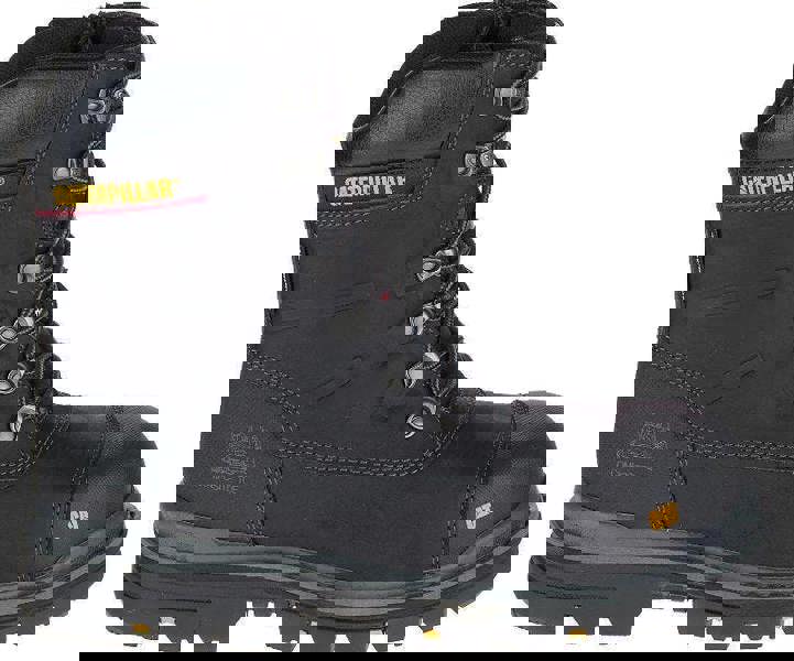 Caterpillar Premier 8 TX Mens Composite Toe/Midsole Water-Resistant Work Boots, black safety boots with durable leather and synthetic upper, metal eyelets for laces, rugged rubber outsole, and yellow CAT logo on the toe cap.