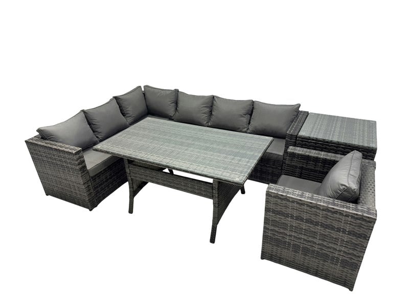 Fimous Outdoor PE Rattan Sofa Set with Dining Table Patio Garden Furniture Sets with Chair Side Table Dark Grey Mixed