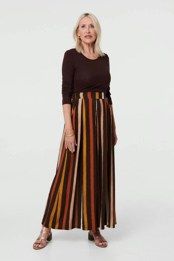 Brown | Striped High Waist Wide Trousers