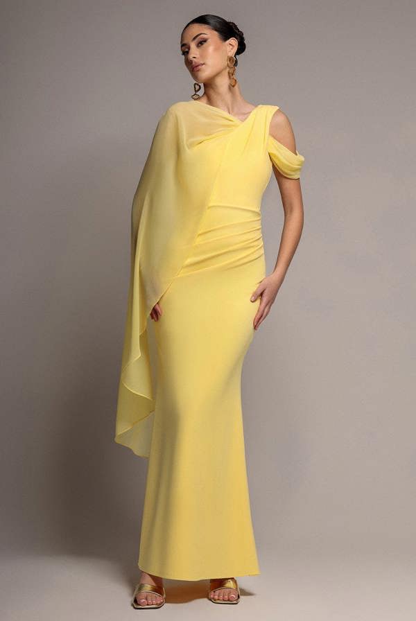 One Shoulder Chiffon Cape Crepe Maxi Dress - Butter Yellow DR4982