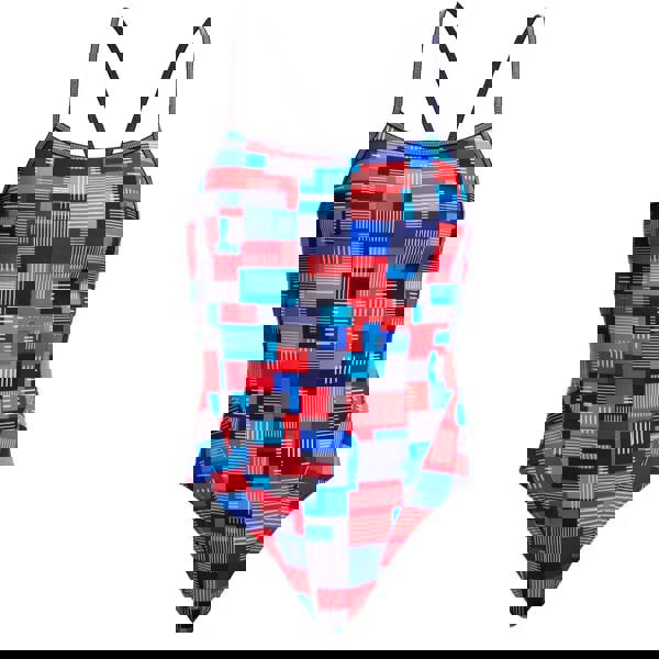 Funkita Motherboard Single Strap swimsuit in blue and red geometric pattern with black straps