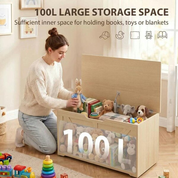 100L Home Storage Box, with Safety Hinge - Nature Wood Finish