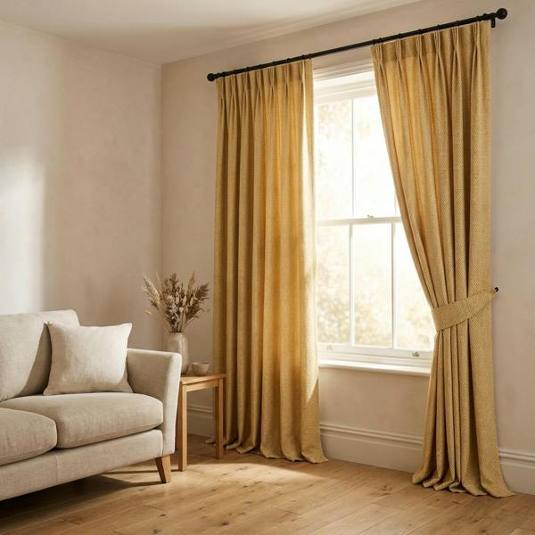 Lisbon made-to-measure curtains in Saffron, styled in a living room