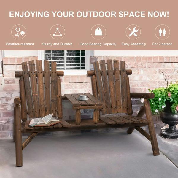 Wyld Haus Basaveva Wood Natural Jack And Jill 2 Seater Garden Bench With Centre Coffee Table