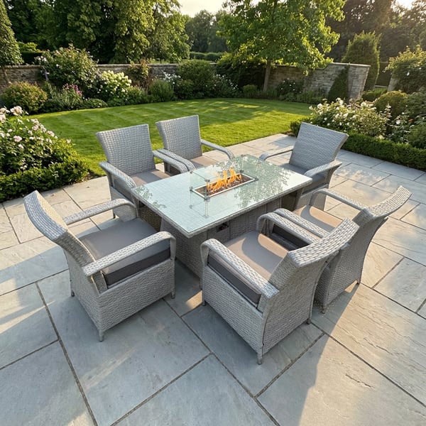 Fimous 6 Seater Rattan Outdoor Garden Furniture Set with Gas Fire Pit Table and 6 Chairs - Light Grey