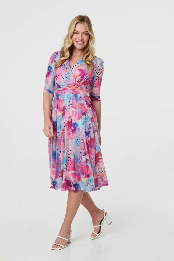 Pink | Abstract 3/4 Sleeve Midi Wrap Dress
