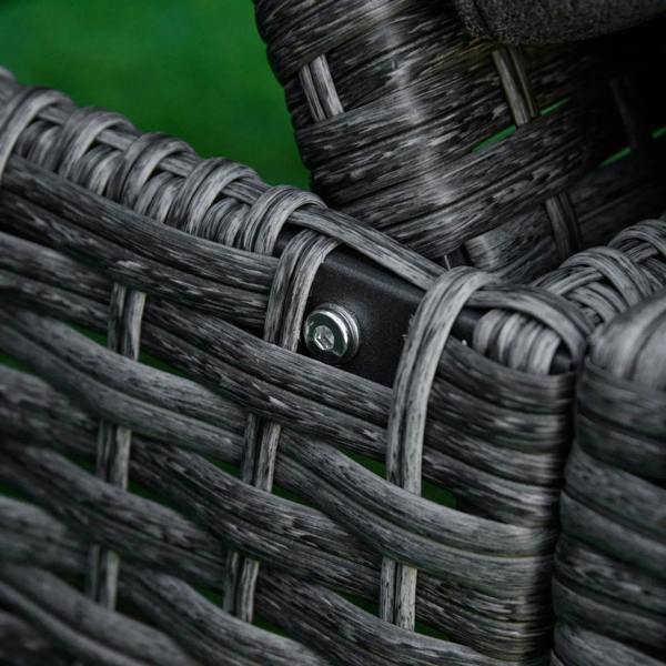 Close-up of dark grey rattan weaving with metal screw on the armrest frame