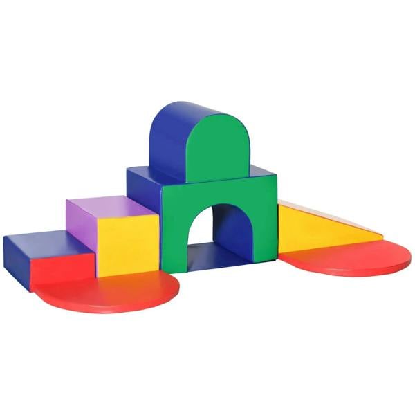 Seven-piece foam playset with rainbow blocks, arched doorway, and red curved pads