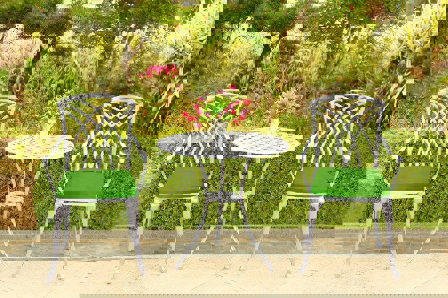 Centurion Supports OSHOWA Luxurious Garden and Patio Table and 2 Large Chairs with Armrests Cast Aluminium Bistro Set - White with Green Cushions