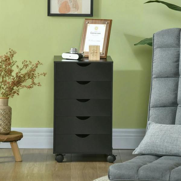Black rolling vertical filing cabinet with five drawers and caster wheels