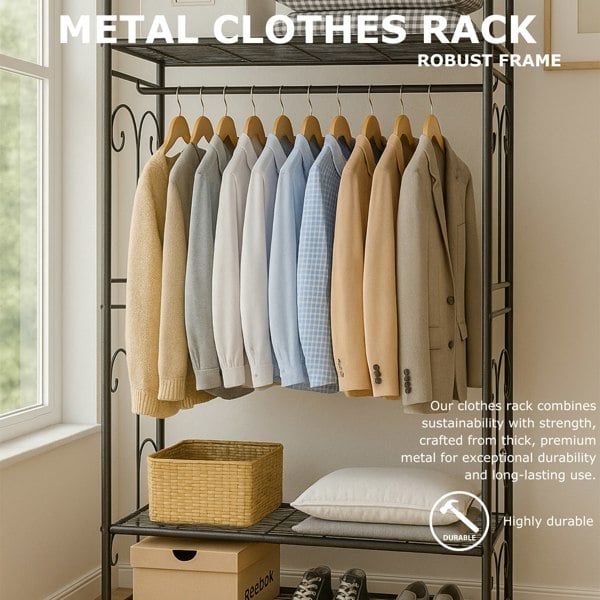 Storvo Heavy Duty Large Metal Clothes Rail Open Wardrobe With 2 Storage Shelves