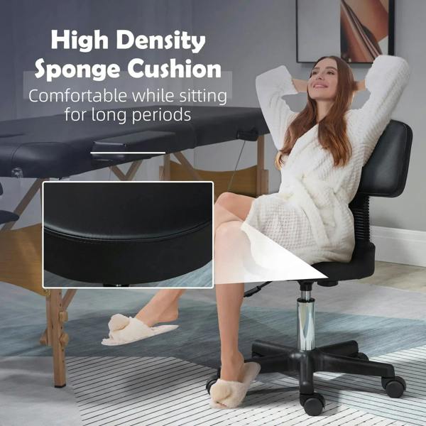 Black cushioned swivel salon chair with round seat on wheeled base