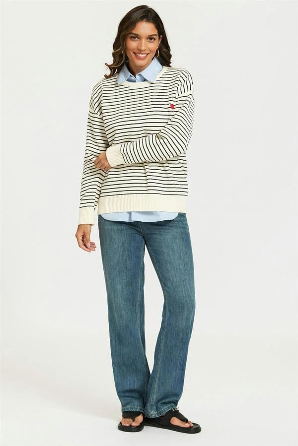 FS Collection Little Heart Embroidery Stripe Pattern Jumper Top In White