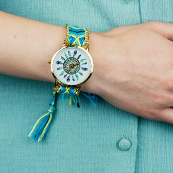 The Colourful Aura Boho Mandala Dial Jute Braided Bracelet Wrist Watch for Women - Blue