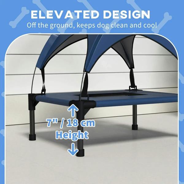 Dark blue elevated pet bed with 7 in / 18 cm height and arched canopy above floor