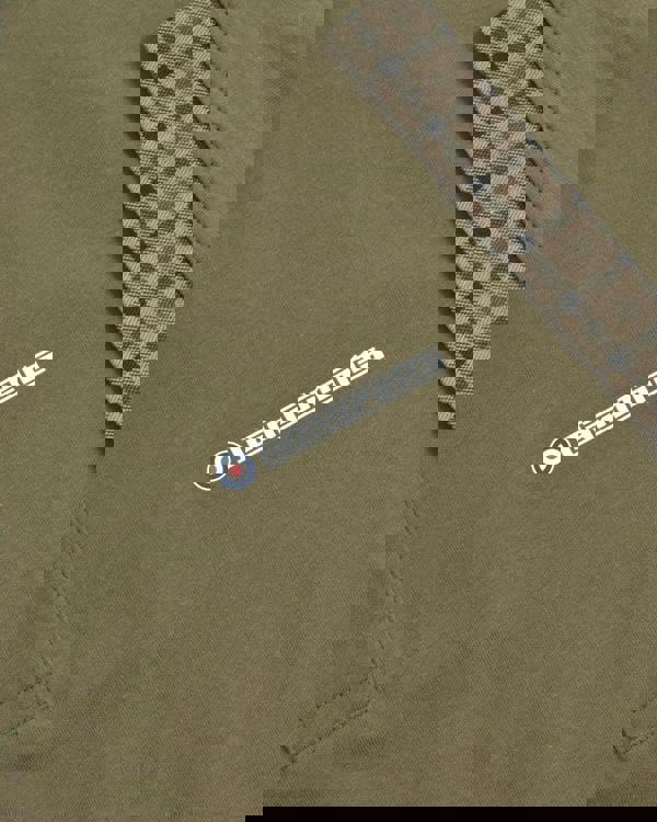 Lambretta Mens Classic Dress Gingham Mod Retro Ska Casual Polo, close-up of olive green fabric with a checkered trim and Lambretta logo.