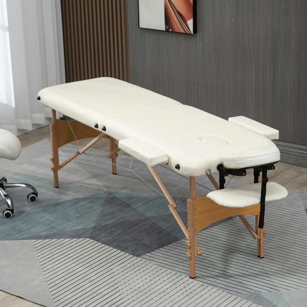 HOMCOM Wooden Folding Massage Table w/ 2 Sections, Bag - Cream