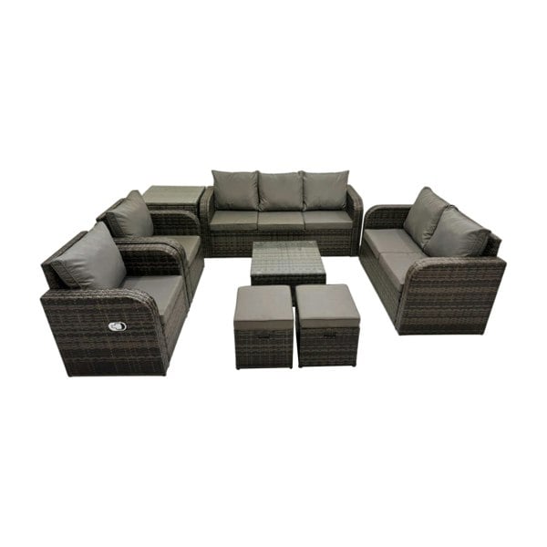 Fimous 3 Seater Sofa Reclining Chair Coffee Table Set Rattan Garden Outdoor Furniture Set with Side Table 2 Small Stool Dark Grey Mixed