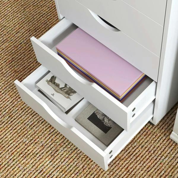 Open white drawer organizer holding hanging-style folders and paper files