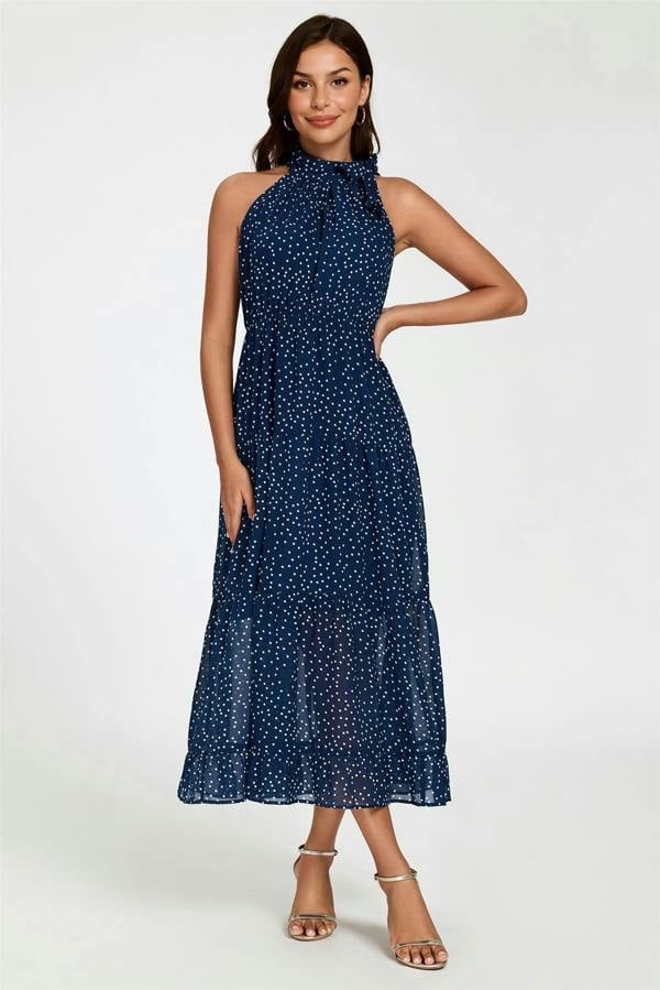 FS Collection Dot Print Halter Neck Maxi Dress In Navy