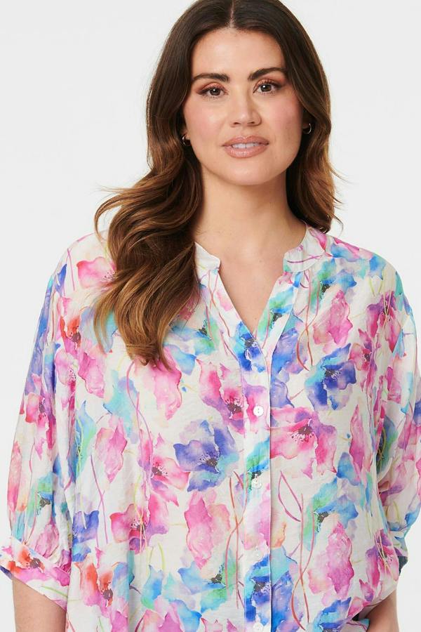 Pink | Floral 1/2 Sleeve Curve Hem Blouse