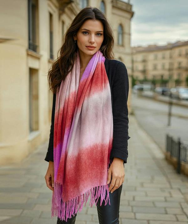 Pia Rossini Cindy - Pink Ombre Stripe Pashmina with Twisted Fringes